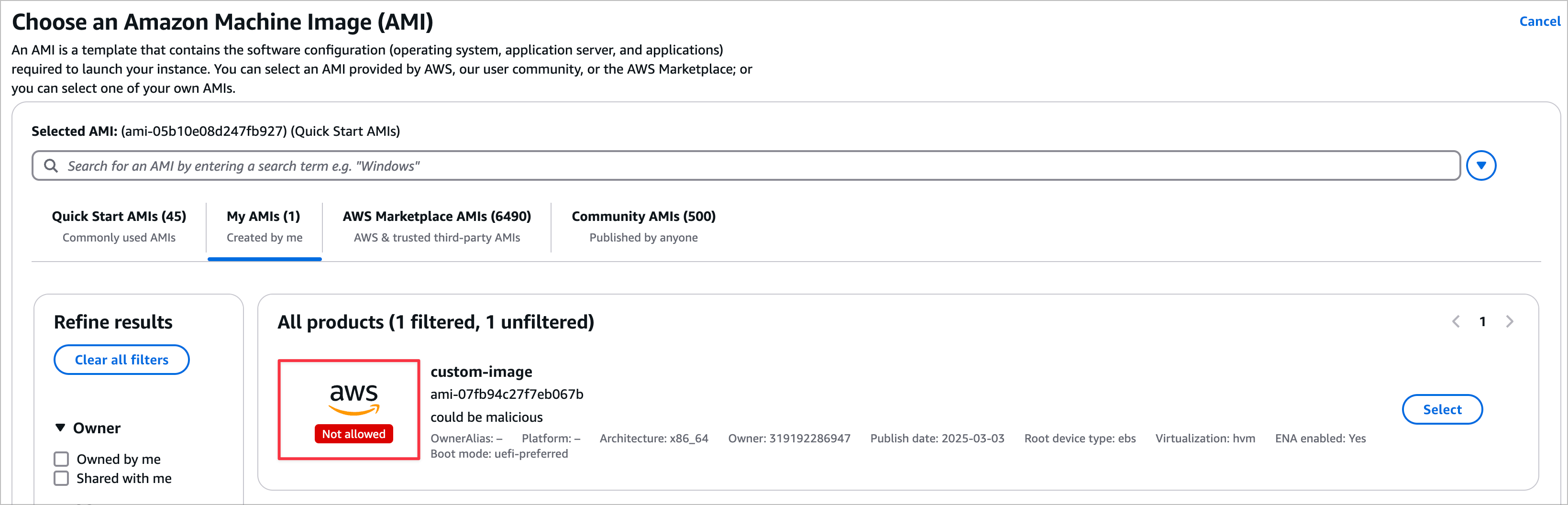 AMI-Not-Allowed-shown-in-the-console
