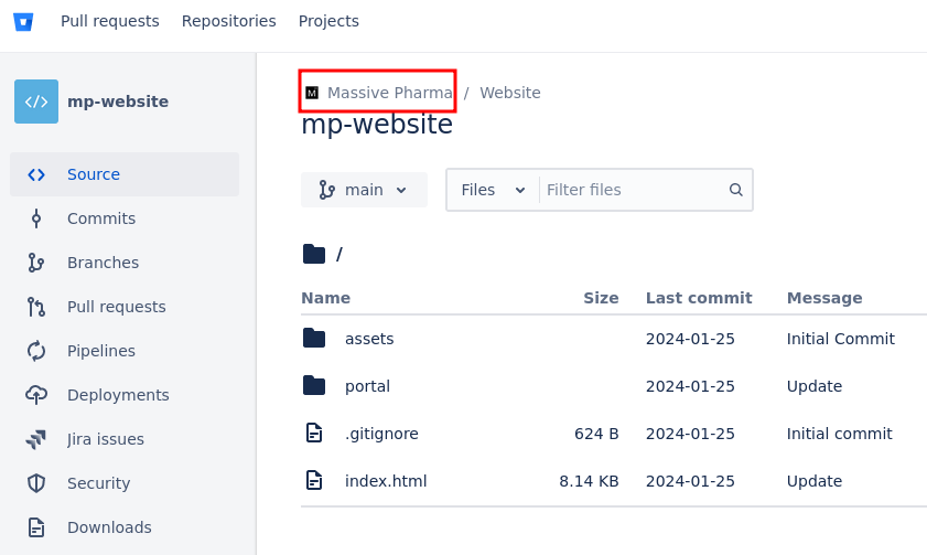 Let's have a look at the Bitbucket URL we found in the page source. N avigating to it we see the page below.