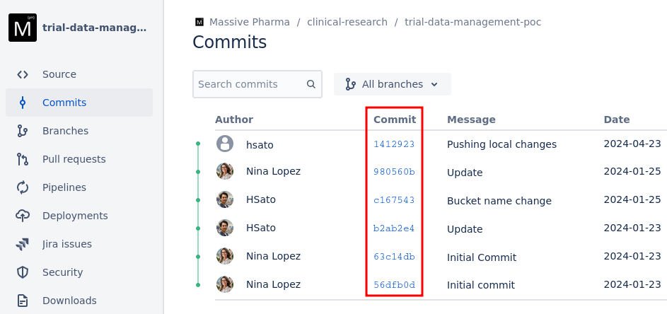 Let's have a look at the first repository - trial-data-management-poc . We see a bunch of commits. It's a