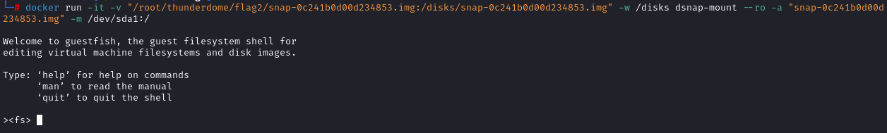$ docker run -it -v "/root/thunderdome/flag2/snap-0c241b0d00d234853.img:/disks/snap-0c241b0d00d234853.img" -w