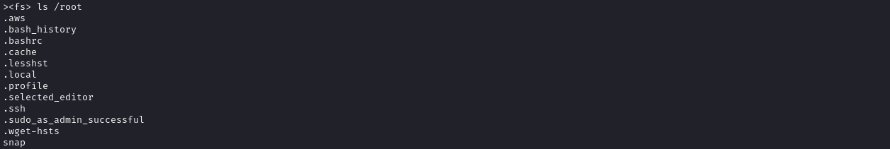 Listing the contents of /root we see a .aws folder.