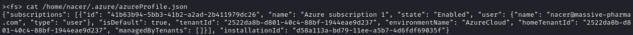 Moving into the .azure directory we see Nacer’s Azure environment configuration. This directory is created by