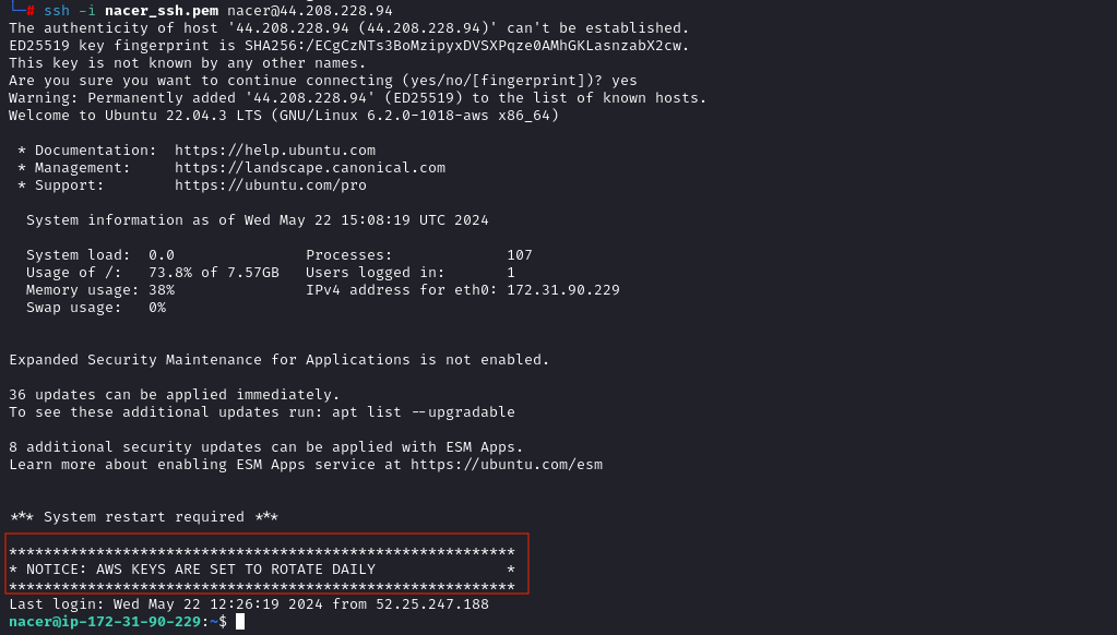 Time to check out the SSH key. After running chmod 600 nacer_ssh.pem we successfully connect to web-prod as