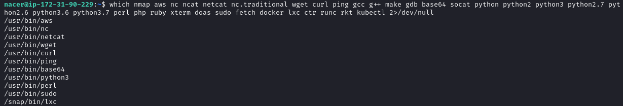 $ which nmap aws nc ncat netcat nc.traditional wget curl ping gcc g++ make gdb base64 socat python python2