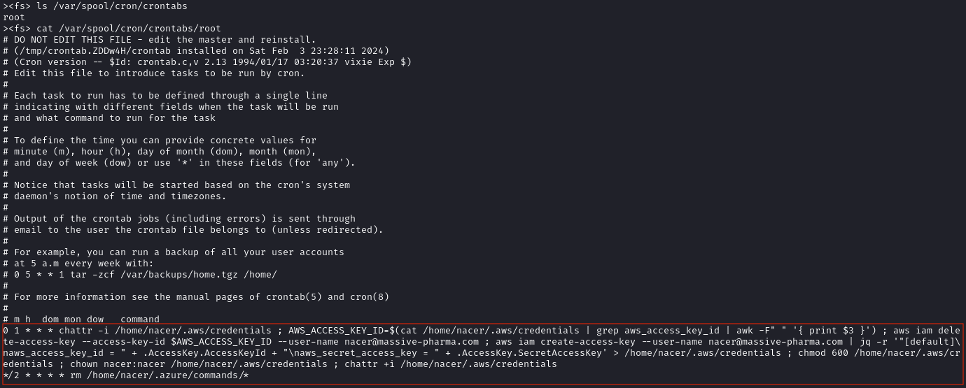 Speaking of AWS access keys - looking at root’s crontab it seems that Nacer's AWS keys are periodically