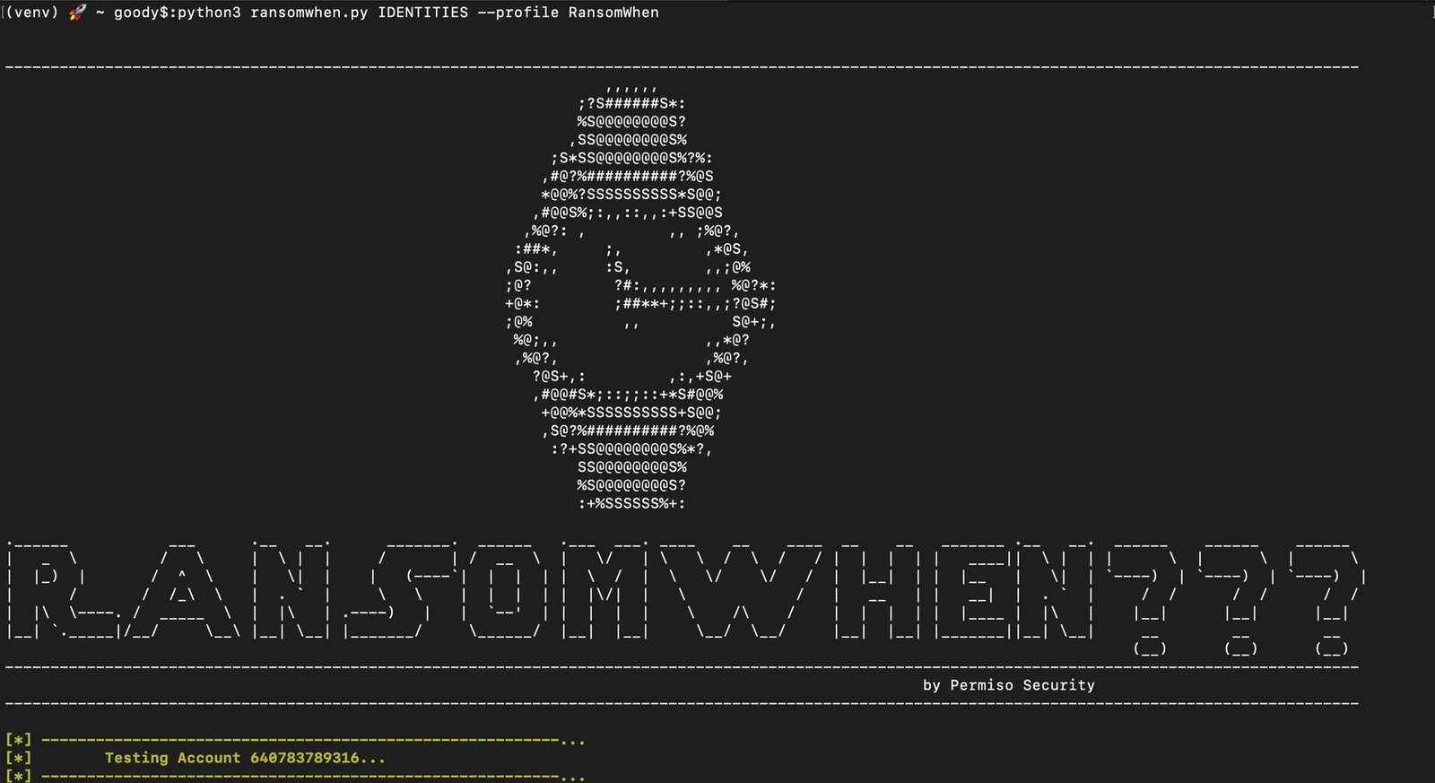 # This command identifies the AWS principals with exploitable permissions $ python3 ransomwhen.py IDENTITIES