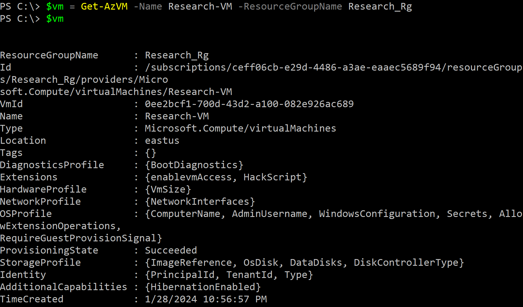 2. List available VMs: run Get-AzVM to list the VMs available to the user, if you already know the VM name