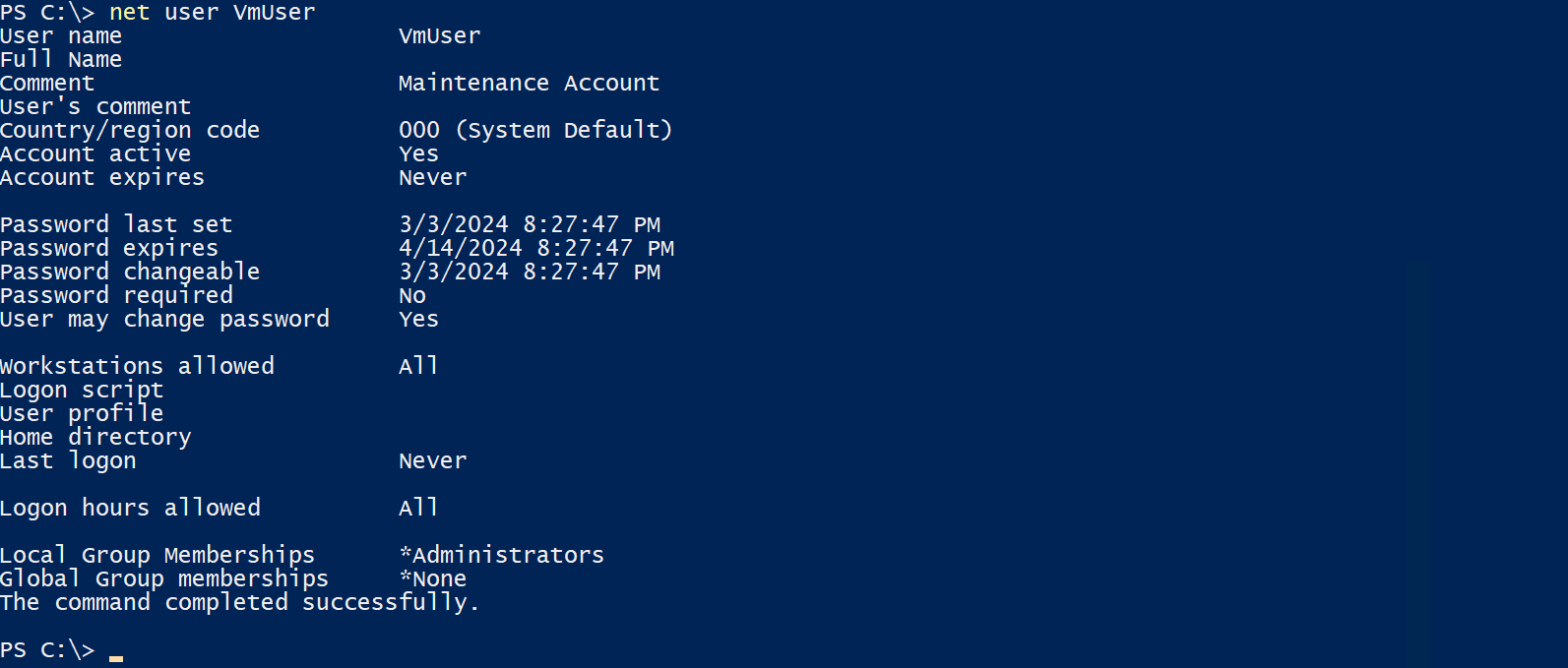 On the compromised VM we confirm that the admin account was successfully created!