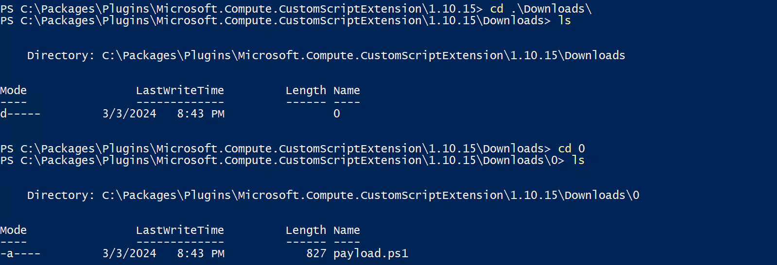 Knowing this well-known location, we can hunt for previously run custom script Extensions.