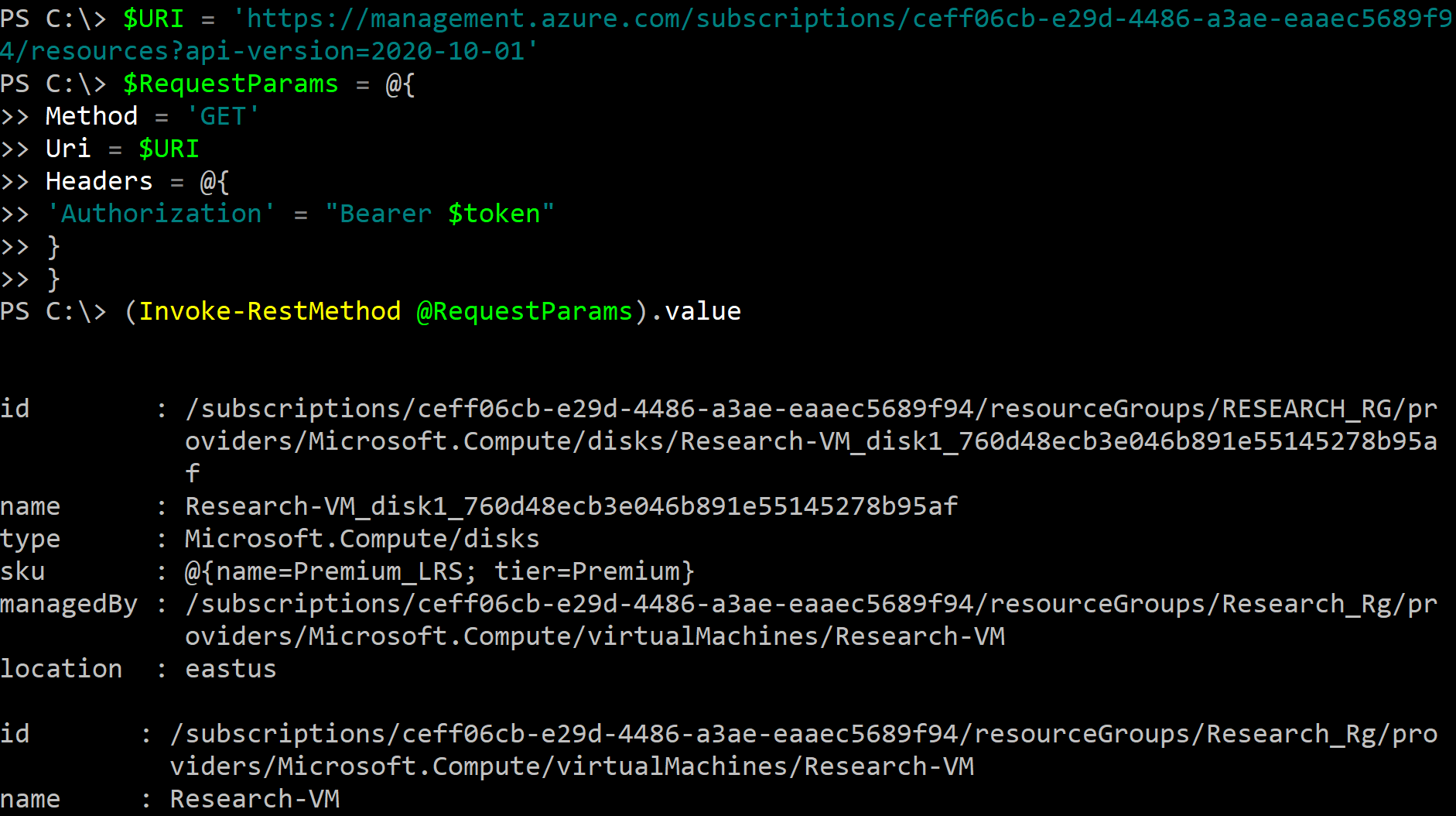 $URI = 'https://management.azure.com/subscriptions/$subid/resources?api-version=2020-10-01' $RequestParams =