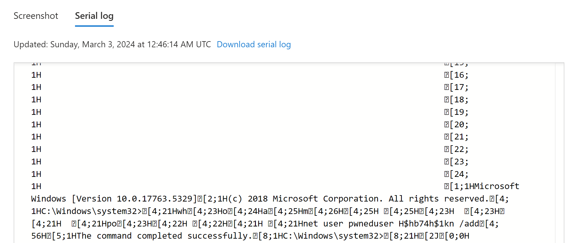 In the example below we can see how the creation of the user pwneduser is logged, including their credentials.