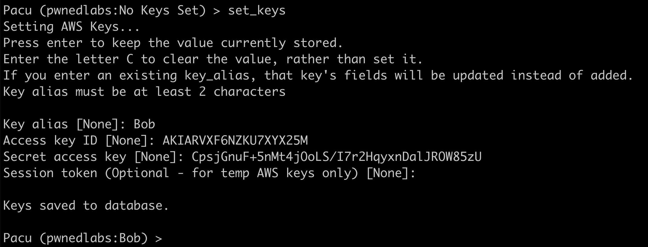 Now we can set the AWS Access keys that we retrieved for the Bob IAM user with set_keys .