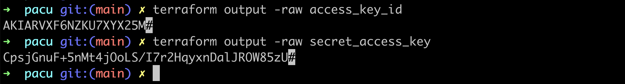 $ terraform output -raw access_key_id $ terraform output -raw secret_access_key