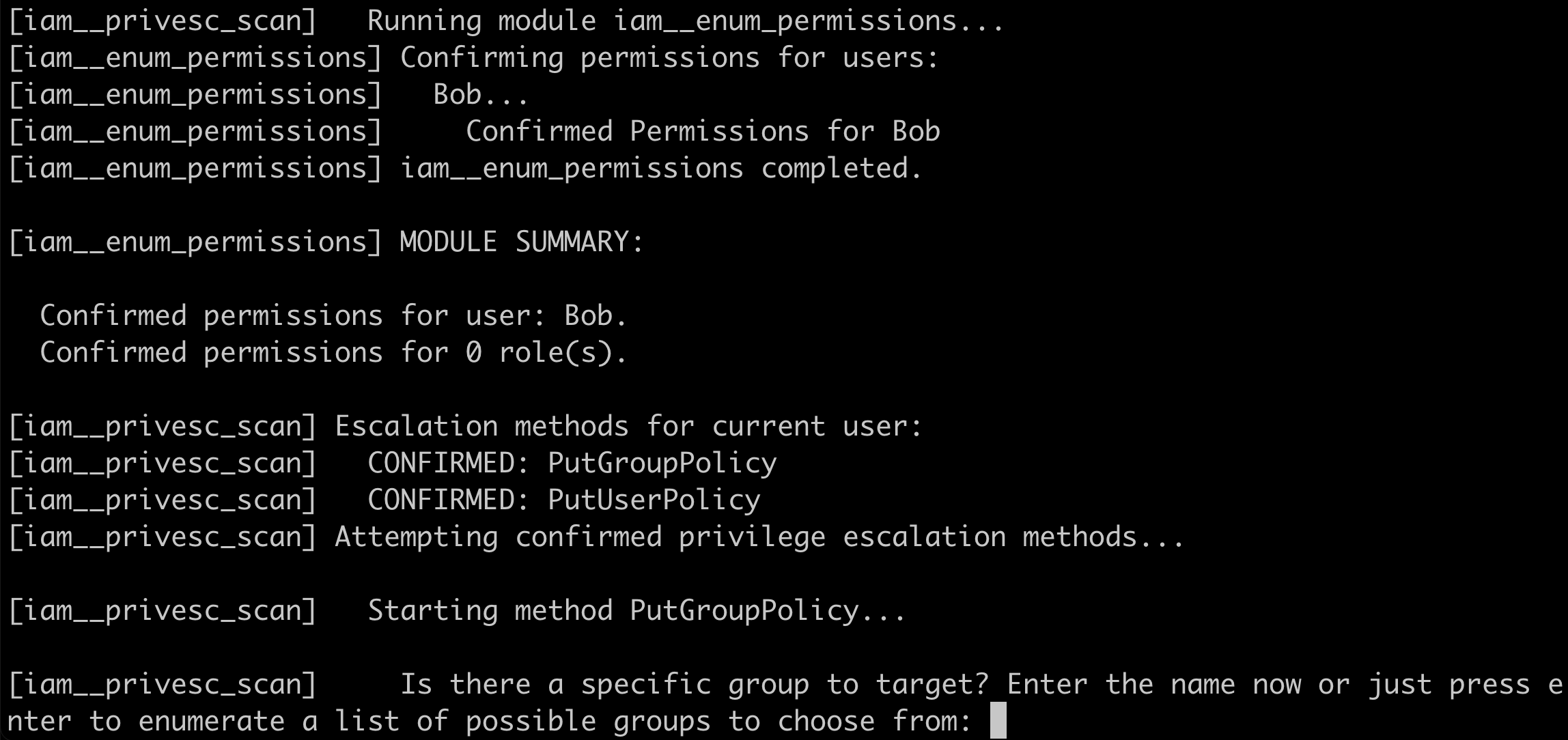 The permissions are checked and it returns a privilege escalation vector! The iam:Put* privilege allows us to