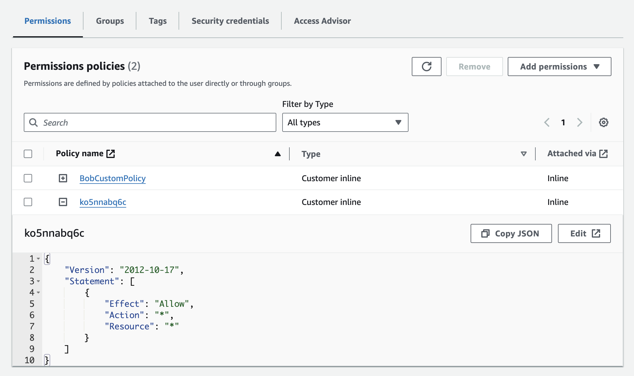 Navigating to the IAM console page and clicking on Bob, we see a new custom inline IAM policy has been