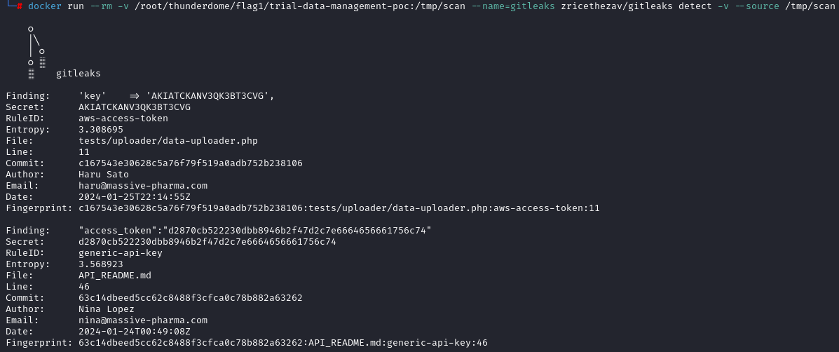 $ docker run --rm -v /root/thunderdome/flag1/trial-data-management-poc:/tmp/scan --name=gitleaks