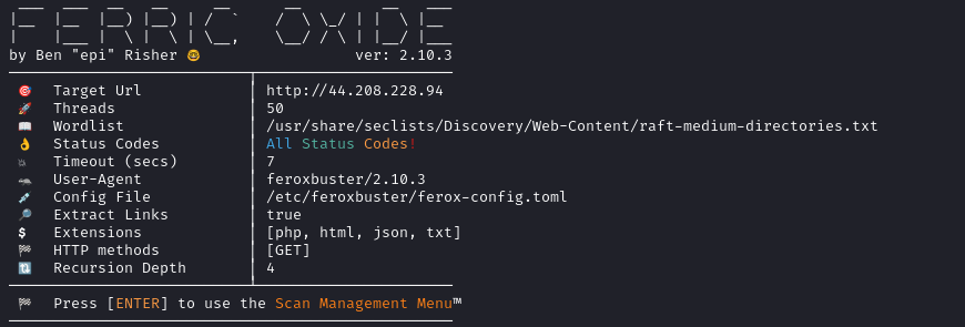 $ feroxbuster -u http://44.208.228.94 -x php,html,json,txt