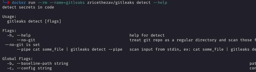 $ docker run --rm --name=gitleaks zricethezav/gitleaks detect --help