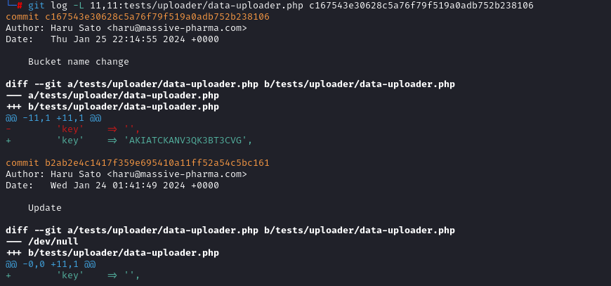 $ git log -L 11,11:tests/uploader/data-uploader.php c167543e30628c5a76f79f519a0adb752b238106