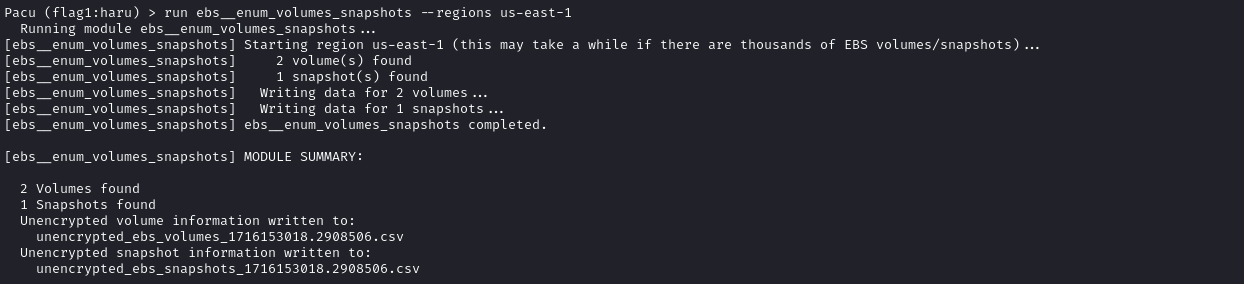 $ run ebs__enum_volumes_snapshots --regions us-east-1