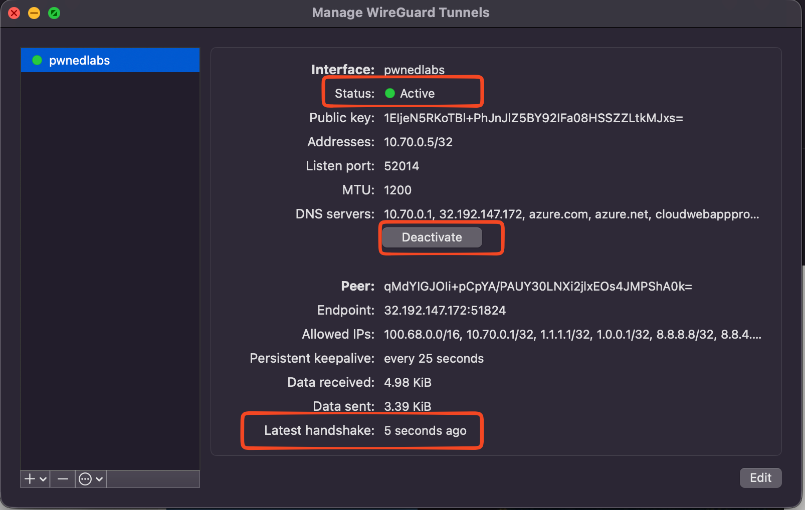WireGuard for macOS - Active tunnel
