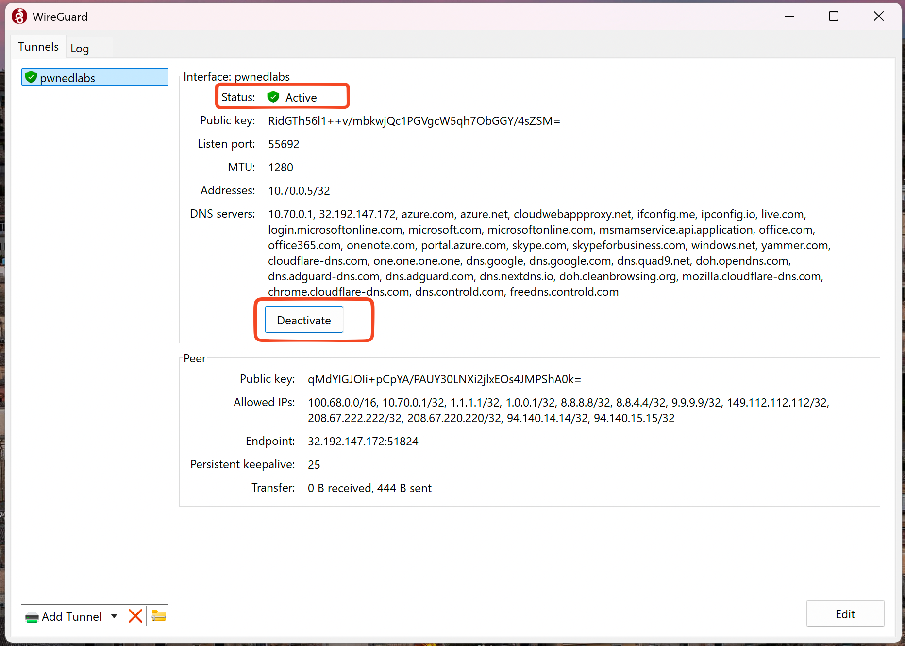 WireGuard for Windows - Active tunnel with a Latest handshake time